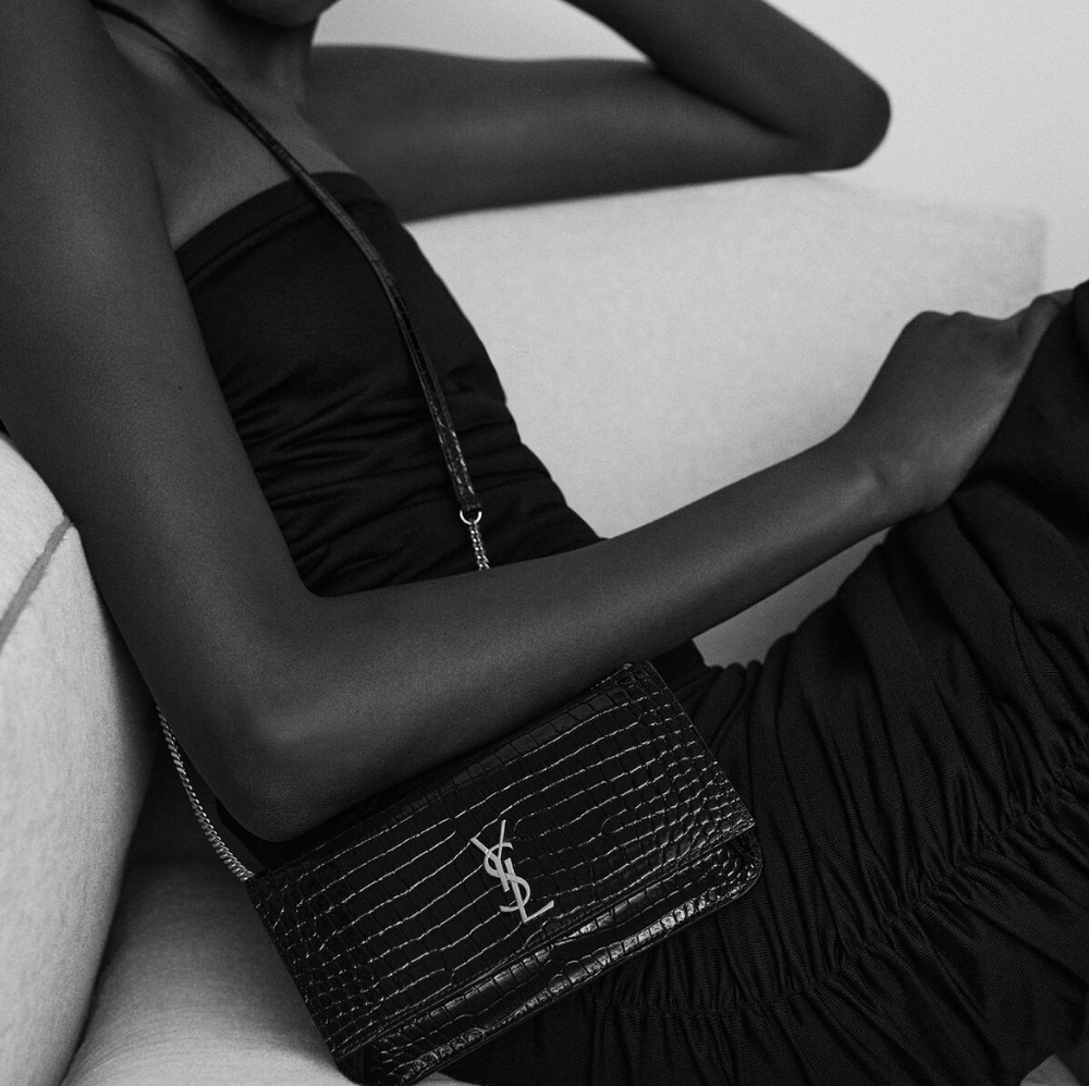 YSL SAINT LAURENT CASSANDRE PHONE HOLDER W/ STRAP IN CROCODILE-EMBOSSED LEATHER - Picture 2 of 16